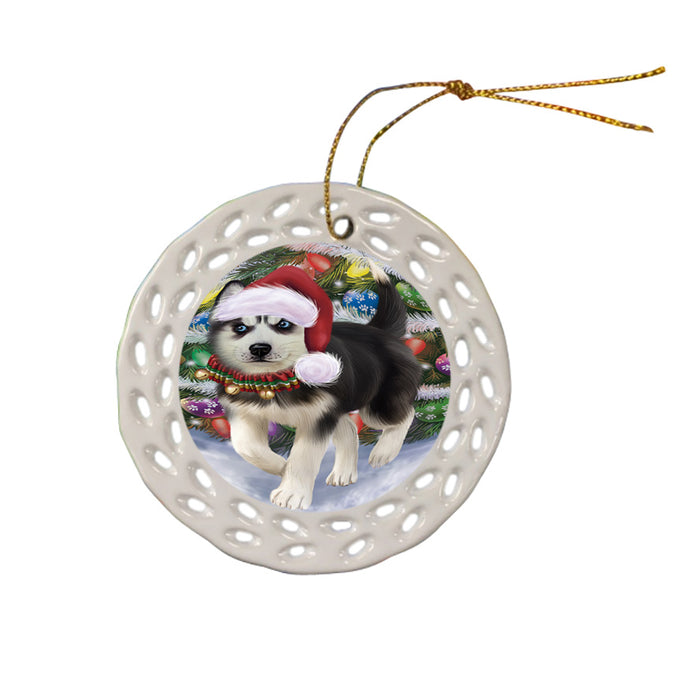 Trotting in the Snow Siberian Husky Dog Ceramic Doily Ornament DPOR54728