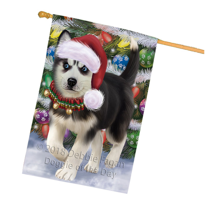 Trotting in the Snow Siberian Husky Dog House Flag FLG54926