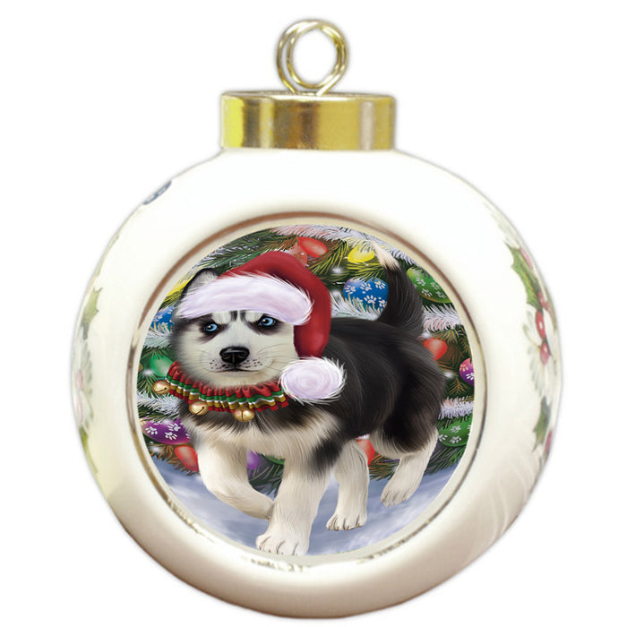 Trotting in the Snow Siberian Husky Dog Round Ball Christmas Ornament RBPOR54728