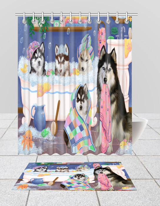 Rub A Dub Dogs In A Tub Siberian Husky Dogs Bath Mat and Shower Curtain Combo