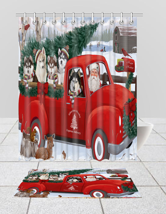 Christmas Santa Express Delivery Red Truck Siberian Husky Dogs Bath Mat and Shower Curtain Combo