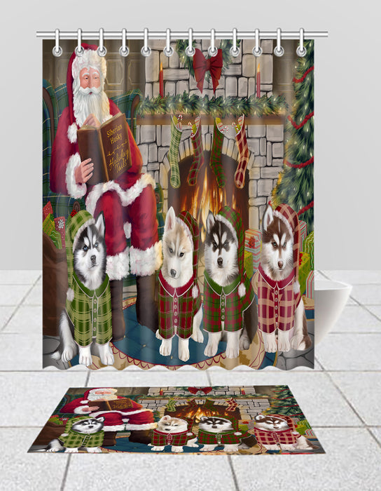 Christmas Cozy Holiday Fire Tails Siberian Husky Dogs Bath Mat and Shower Curtain Combo