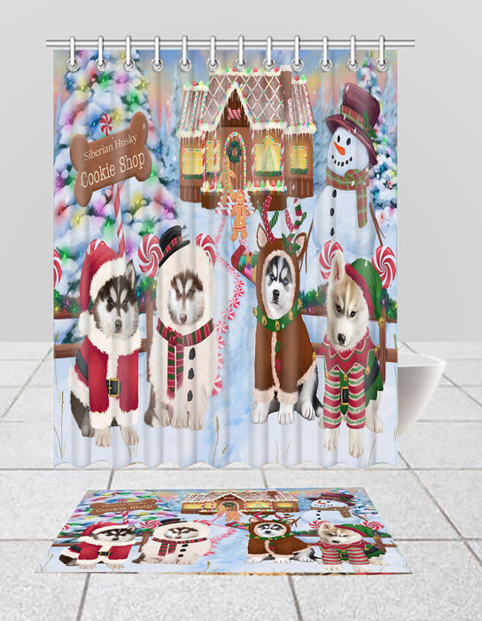 Holiday Gingerbread Cookie Siberian Husky Dogs  Bath Mat and Shower Curtain Combo