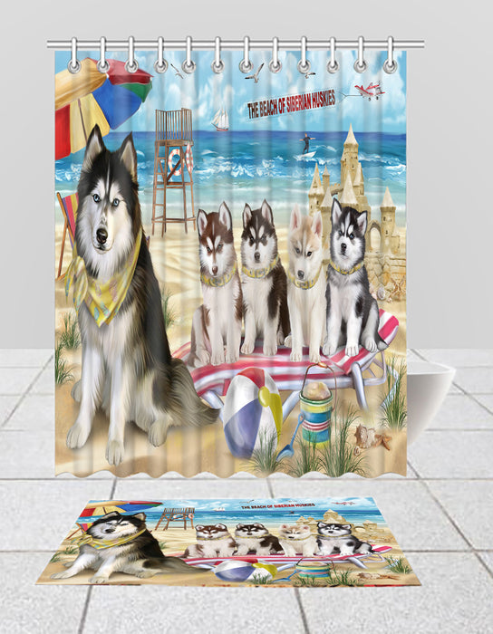 Pet Friendly Beach Siberian Husky Dogs Bath Mat and Shower Curtain Combo