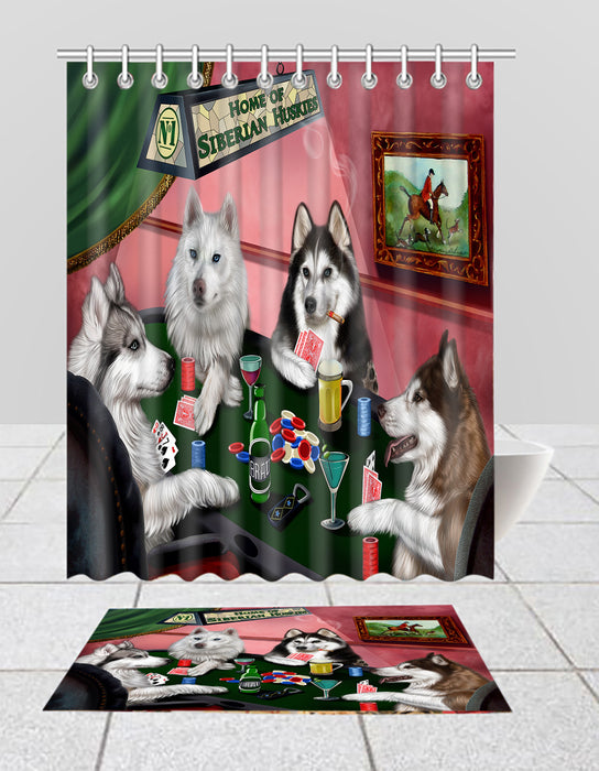 Home of  Siberian Husky Dogs Playing Poker Bath Mat and Shower Curtain Combo