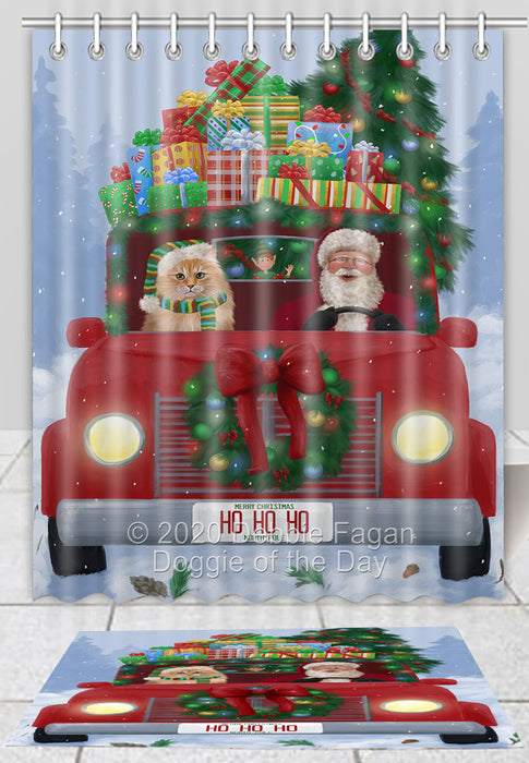 Christmas Honk Honk Red Truck Here Comes with Santa and Siberian Cat Bath Mat and Shower Curtain Combo
