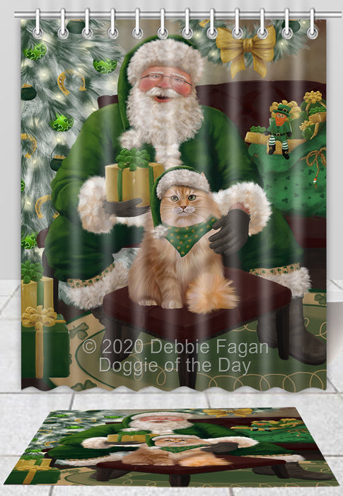Christmas Irish Santa with Gift Siberian Cat Bath Mat and Shower Curtain Combo