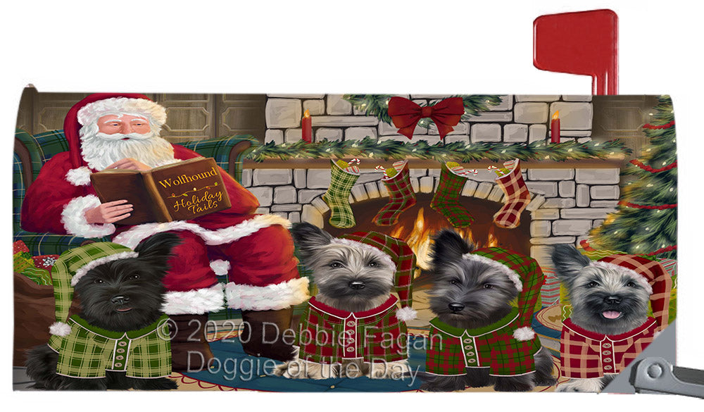 Christmas Cozy Fire Holiday Tails Skye Terrier Dogs Magnetic Mailbox Cover Both Sides Pet Theme Printed Decorative Letter Box Wrap Case Postbox Thick Magnetic Vinyl Material