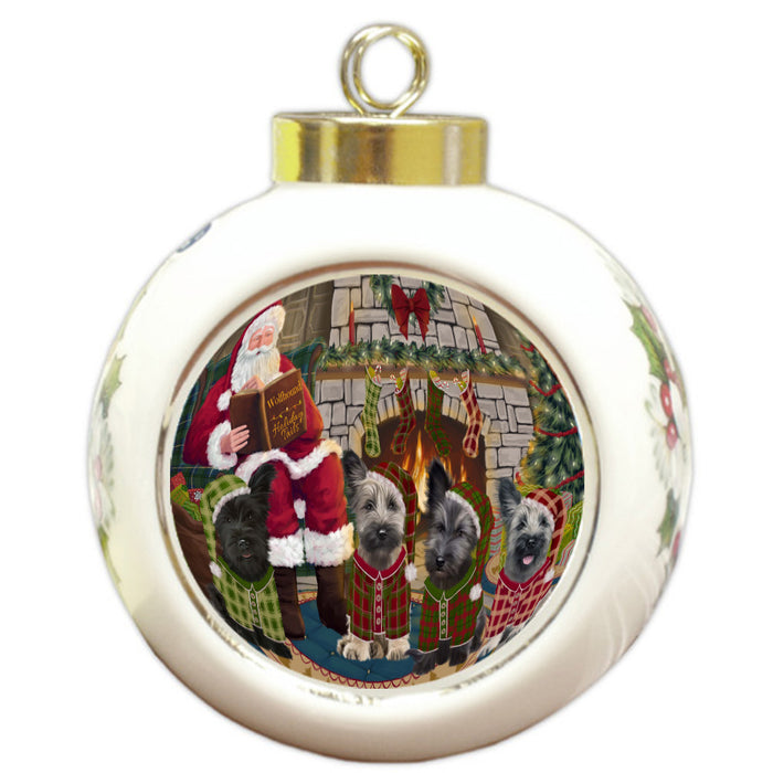 Christmas Cozy Fire Holiday Tails Skye Terrier Dogs Round Ball Christmas Ornament Pet Decorative Hanging Ornaments for Christmas X-mas Tree Decorations - 3" Round Ceramic Ornament