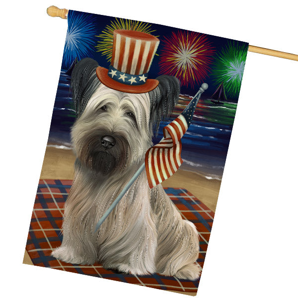 4th of July Independence Day Firework Skye Terrier Dog House Flag Outdoor Decorative Double Sided Pet Portrait Weather Resistant Premium Quality Animal Printed Home Decorative Flags 100% Polyester FLG68859