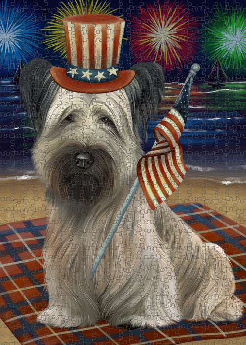 4th of July Independence Day Firework Skye Terrier Dog Portrait Jigsaw Puzzle for Adults Animal Interlocking Puzzle Game Unique Gift for Dog Lover's with Metal Tin Box PZL413
