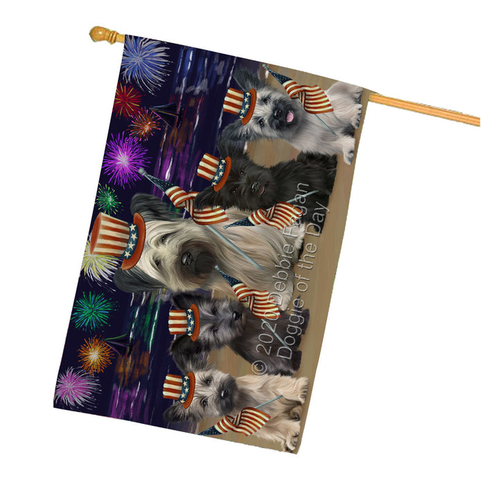 4th of July Independence Day Firework Skye Terrier Dogs House Flag Outdoor Decorative Double Sided Pet Portrait Weather Resistant Premium Quality Animal Printed Home Decorative Flags 100% Polyester