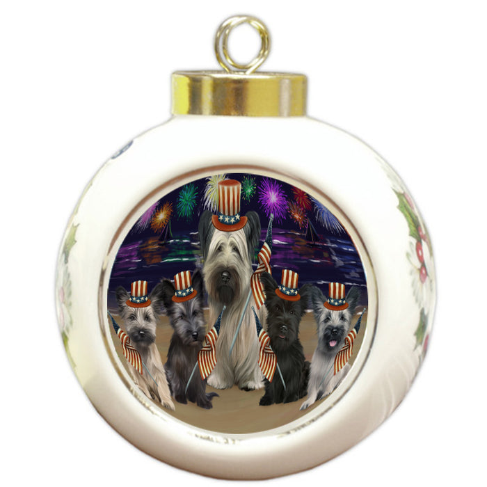 4th of July Independence Day Firework Skye Terrier Dogs Round Ball Christmas Ornament Pet Decorative Hanging Ornaments for Christmas X-mas Tree Decorations - 3" Round Ceramic Ornament