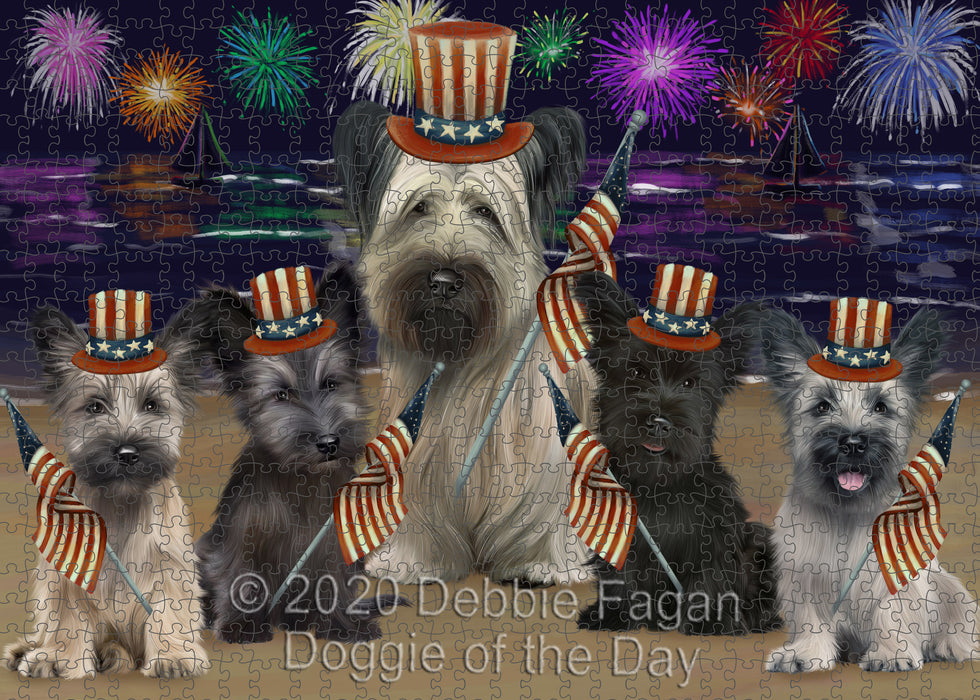 4th of July Independence Day Firework Skye Terrier Dogs Portrait Jigsaw Puzzle for Adults Animal Interlocking Puzzle Game Unique Gift for Dog Lover's with Metal Tin Box