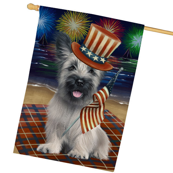 4th of July Independence Day Firework Skye Terrier Dog House Flag Outdoor Decorative Double Sided Pet Portrait Weather Resistant Premium Quality Animal Printed Home Decorative Flags 100% Polyester FLG68860