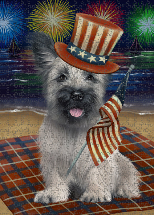 4th of July Independence Day Firework Skye Terrier Dog Portrait Jigsaw Puzzle for Adults Animal Interlocking Puzzle Game Unique Gift for Dog Lover's with Metal Tin Box PZL414