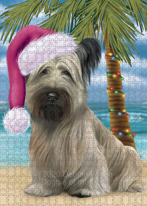 Christmas Summertime Island Tropical Beach Skye Terrier Dog Portrait Jigsaw Puzzle for Adults Animal Interlocking Puzzle Game Unique Gift for Dog Lover's with Metal Tin Box PZL711