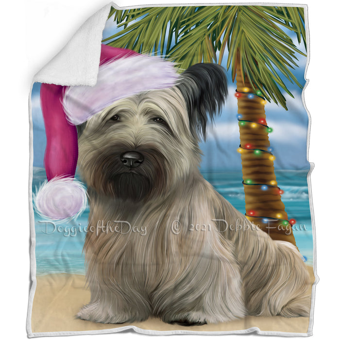 Summertime Happy Holidays Christmas Skye Terrier Dog on Tropical Island Beach Blanket BLNKT143446