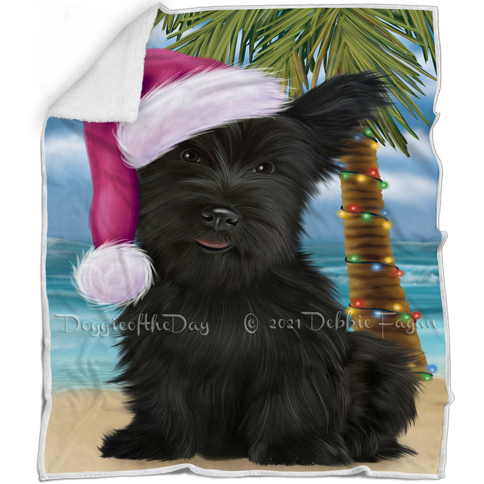 Summertime Happy Holidays Christmas Skye Terrier Dog on Tropical Island Beach Blanket BLNKT143447