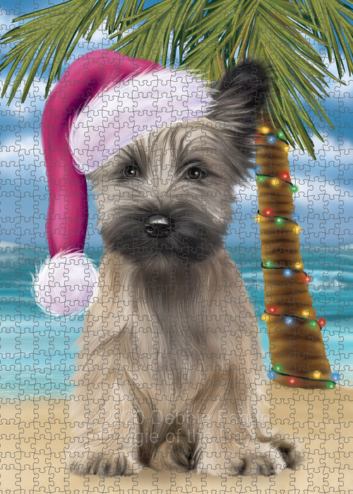 Christmas Summertime Island Tropical Beach Skye Terrier Dog Portrait Jigsaw Puzzle for Adults Animal Interlocking Puzzle Game Unique Gift for Dog Lover's with Metal Tin Box PZL713