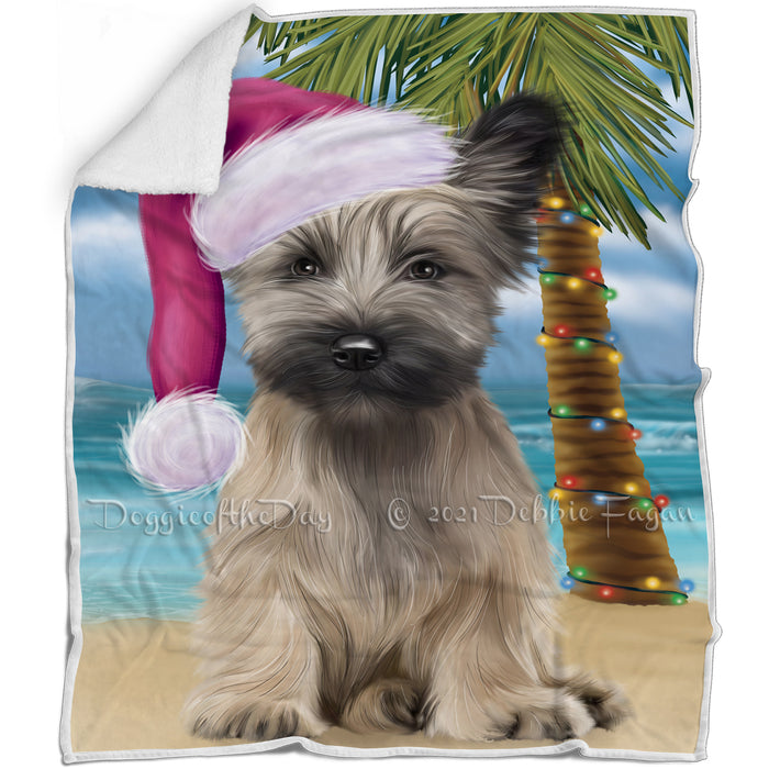 Summertime Happy Holidays Christmas Skye Terrier Dog on Tropical Island Beach Blanket BLNKT143448