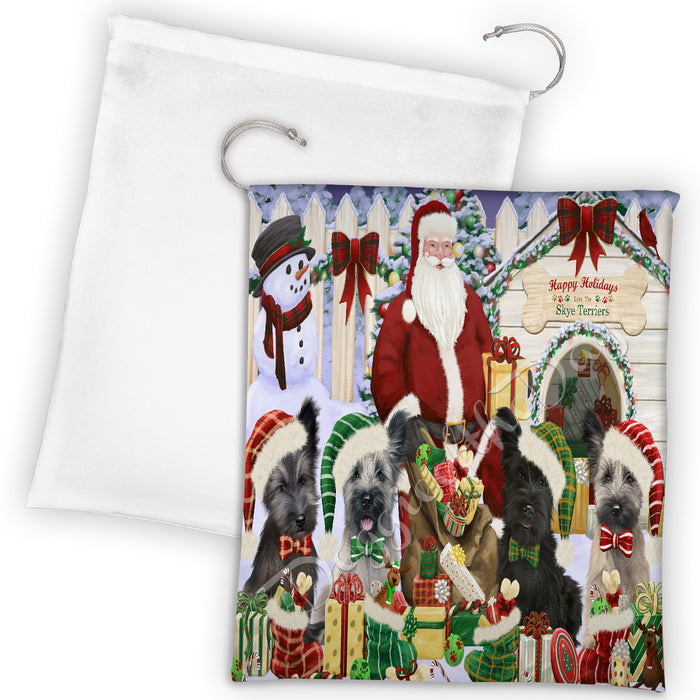 Happy Holidays Christmas Skye Terrier Dogs House Gathering Drawstring Laundry or Gift Bag LGB48083