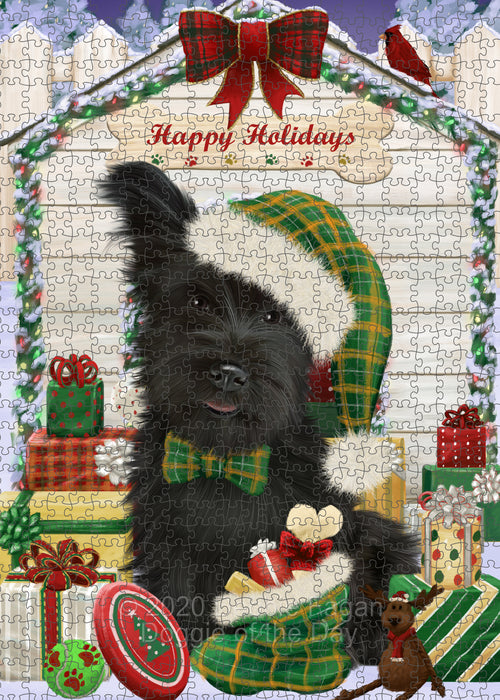 Christmas House with Presents Skye Terrier Dog Portrait Jigsaw Puzzle for Adults Animal Interlocking Puzzle Game Unique Gift for Dog Lover's with Metal Tin Box PZL658