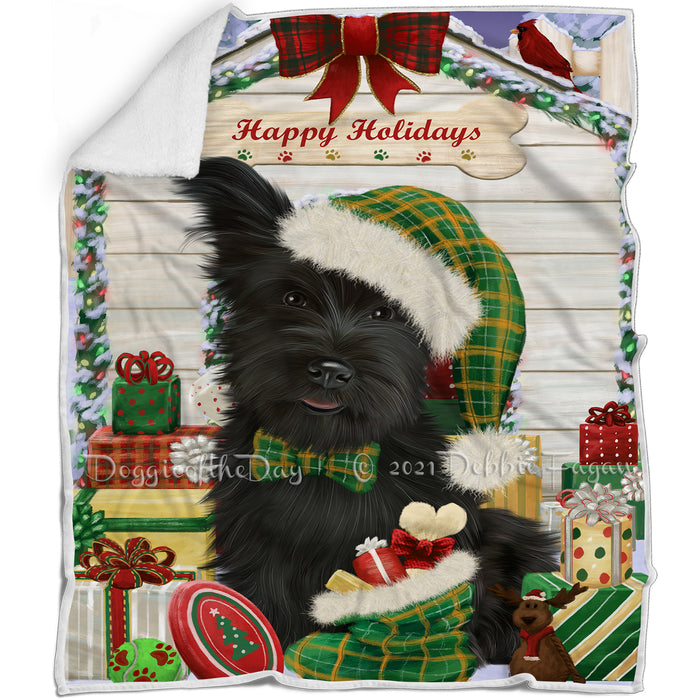 Happy Holidays Christmas Skye Terrier Dog House with Presents Blanket BLNKT142137