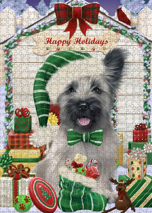 Christmas House with Presents Skye Terrier Dog Portrait Jigsaw Puzzle for Adults Animal Interlocking Puzzle Game Unique Gift for Dog Lover's with Metal Tin Box PZL659
