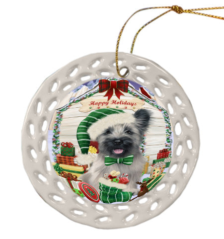 Christmas House with Presents Skye Terrier Dog Doily Ornament DPOR58794