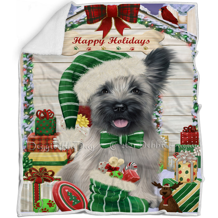 Happy Holidays Christmas Skye Terrier Dog House with Presents Blanket BLNKT142138