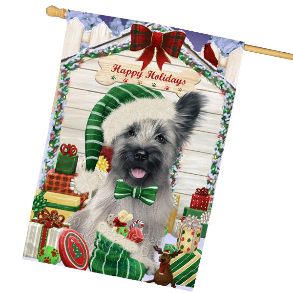 Christmas House with Presents Skye Terrier Dog House Flag Outdoor Decorative Double Sided Pet Portrait Weather Resistant Premium Quality Animal Printed Home Decorative Flags 100% Polyester FLG69224