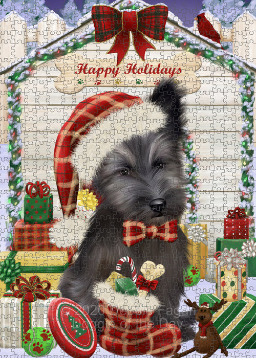Christmas House with Presents Skye Terrier Dog Portrait Jigsaw Puzzle for Adults Animal Interlocking Puzzle Game Unique Gift for Dog Lover's with Metal Tin Box PZL660