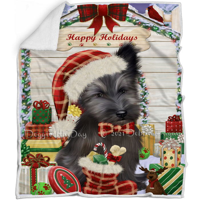 Happy Holidays Christmas Skye Terrier Dog House with Presents Blanket BLNKT142139
