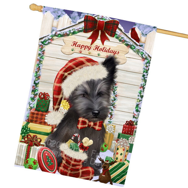 Christmas House with Presents Skye Terrier Dog House Flag Outdoor Decorative Double Sided Pet Portrait Weather Resistant Premium Quality Animal Printed Home Decorative Flags 100% Polyester FLG69225