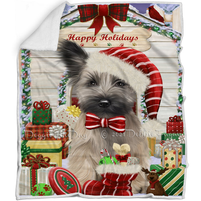 Happy Holidays Christmas Skye Terrier Dog House with Presents Blanket BLNKT142140