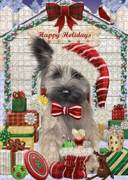 Christmas House with Presents Skye Terrier Dog Portrait Jigsaw Puzzle for Adults Animal Interlocking Puzzle Game Unique Gift for Dog Lover's with Metal Tin Box PZL661