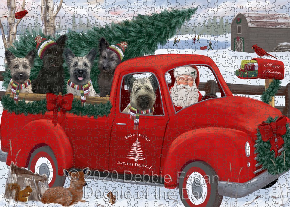 Christmas Santa Express Delivery Red Truck Skye Terrier Dogs Portrait Jigsaw Puzzle for Adults Animal Interlocking Puzzle Game Unique Gift for Dog Lover's with Metal Tin Box