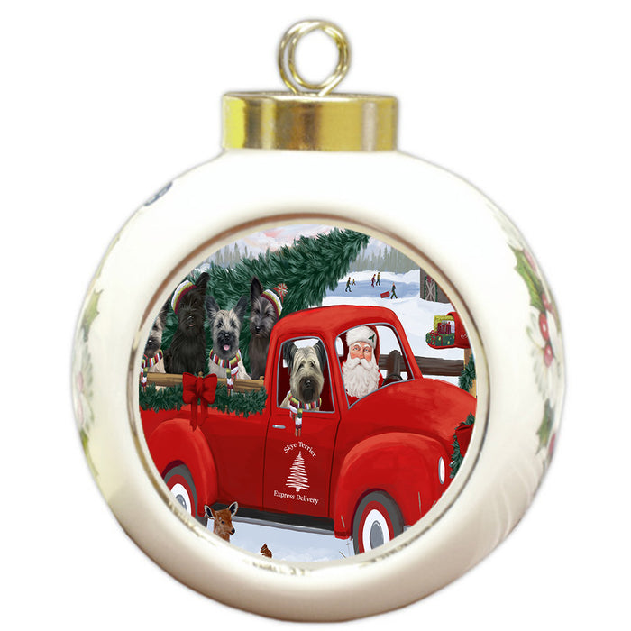 Christmas Santa Express Delivery Red Truck Skye Terrier Dogs Round Ball Christmas Ornament Pet Decorative Hanging Ornaments for Christmas X-mas Tree Decorations - 3" Round Ceramic Ornament