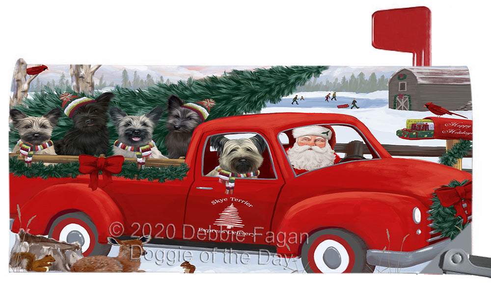 Christmas Santa Express Delivery Red Truck Skye Terrier Dogs Magnetic Mailbox Cover Both Sides Pet Theme Printed Decorative Letter Box Wrap Case Postbox Thick Magnetic Vinyl Material