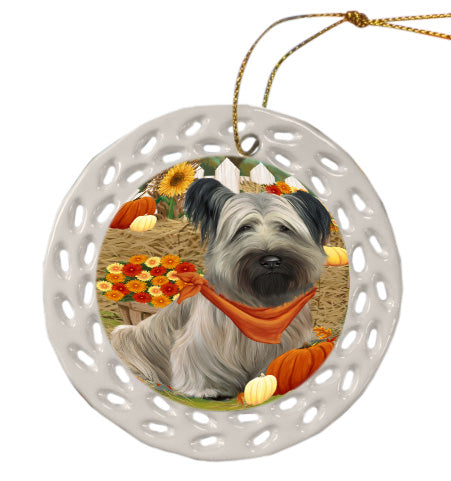Fall Pumpkin Autumn Greeting Skye Terrier Dog Doily Ornament DPOR58908