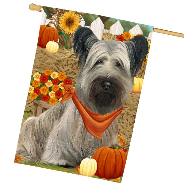Fall Pumpkin Autumn Greeting Skye Terrier Dog House Flag Outdoor Decorative Double Sided Pet Portrait Weather Resistant Premium Quality Animal Printed Home Decorative Flags 100% Polyester FLG69394