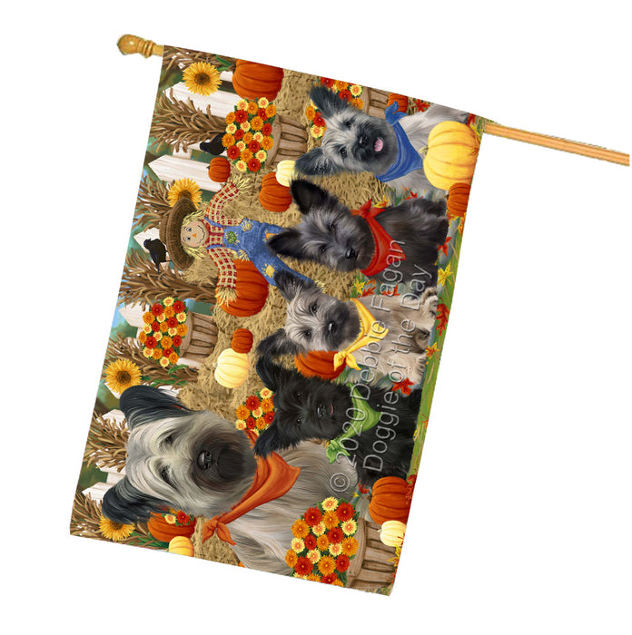 Fall Festive Gathering Skye Terrier Dogs House Flag Outdoor Decorative Double Sided Pet Portrait Weather Resistant Premium Quality Animal Printed Home Decorative Flags 100% Polyester