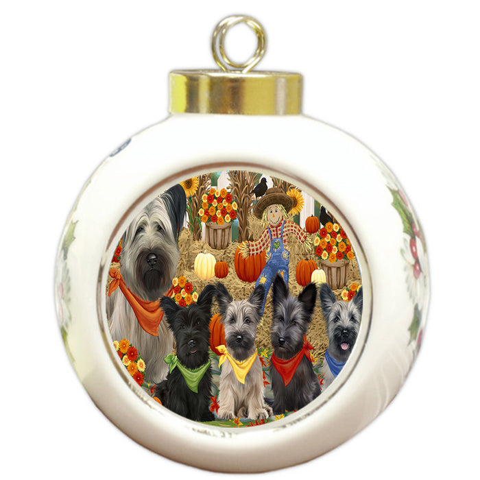 Fall Festive Gathering Skye Terrier Dogs Round Ball Christmas Ornament Pet Decorative Hanging Ornaments for Christmas X-mas Tree Decorations - 3" Round Ceramic Ornament