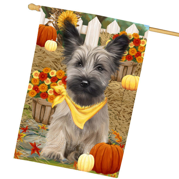 Fall Pumpkin Autumn Greeting Skye Terrier Dog House Flag Outdoor Decorative Double Sided Pet Portrait Weather Resistant Premium Quality Animal Printed Home Decorative Flags 100% Polyester FLG69395