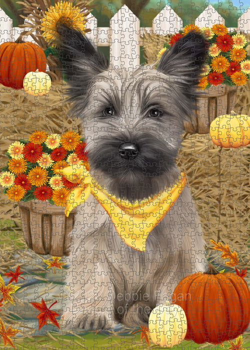 Fall Pumpkin Autumn Greeting Skye Terrier Dog Portrait Jigsaw Puzzle for Adults Animal Interlocking Puzzle Game Unique Gift for Dog Lover's with Metal Tin Box PZL758