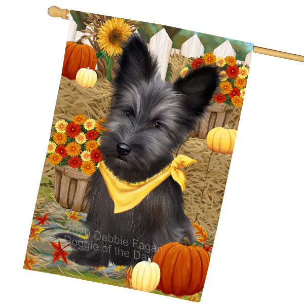 Fall Pumpkin Autumn Greeting Skye Terrier Dog House Flag Outdoor Decorative Double Sided Pet Portrait Weather Resistant Premium Quality Animal Printed Home Decorative Flags 100% Polyester FLG69396