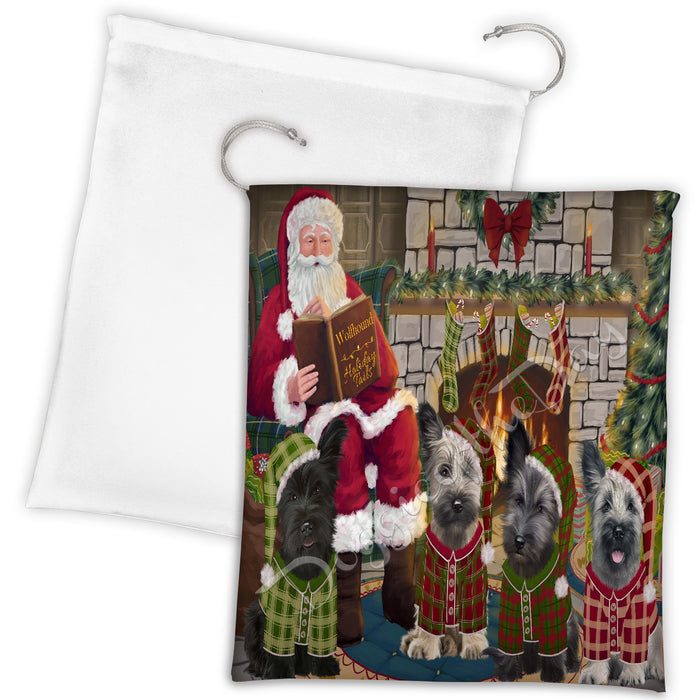 Christmas Cozy Holiday Fire Tails Skye Terrier Dogs Drawstring Laundry or Gift Bag LGB48538