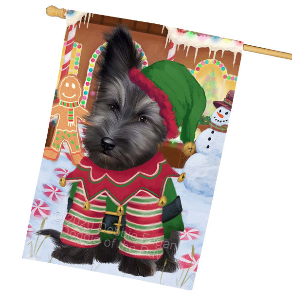 Christmas Gingerbread Elf Skye Terrier Dog House Flag Outdoor Decorative Double Sided Pet Portrait Weather Resistant Premium Quality Animal Printed Home Decorative Flags 100% Polyester