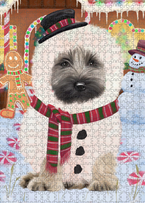 Christmas Gingerbread Snowman Skye Terrier Dog Portrait Jigsaw Puzzle for Adults Animal Interlocking Puzzle Game Unique Gift for Dog Lover's with Metal Tin Box